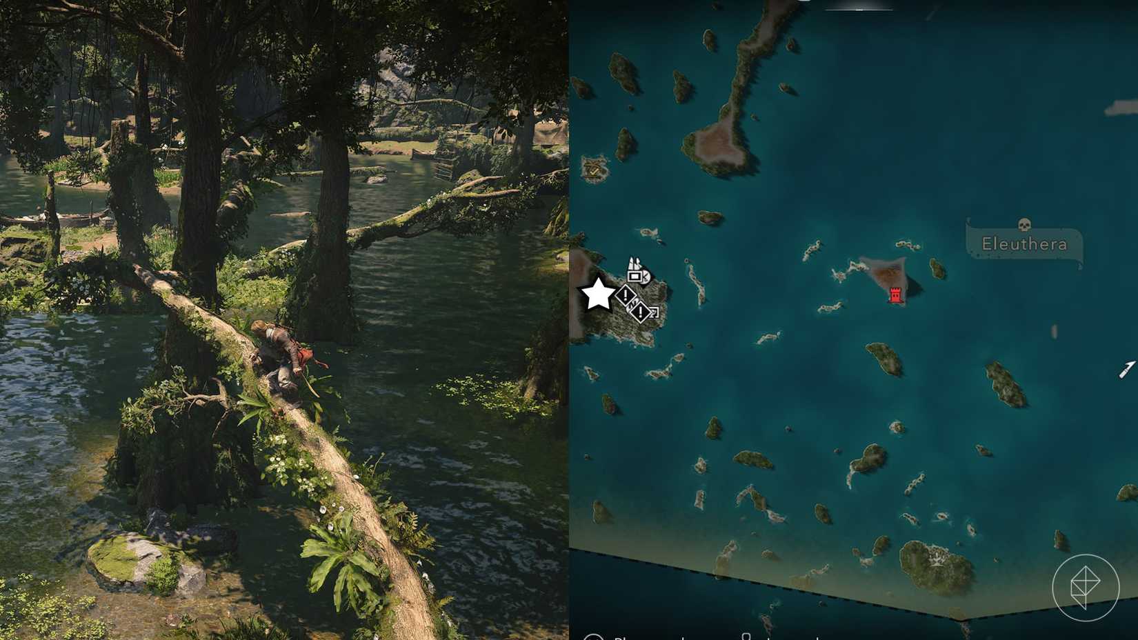 A montage of two Assassin's Creed Black Flag Resynced images showing the location of crocodiles in Nassau