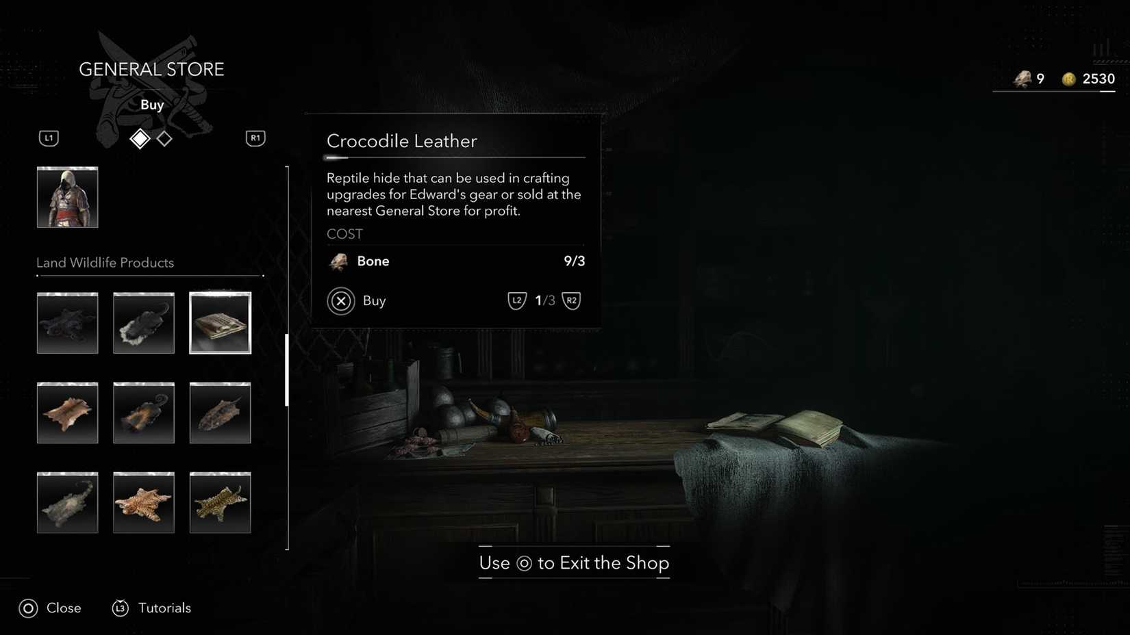 An Assassin's Creed Black Flag Resynced screenshot showing where to find crocodile leather in the general store