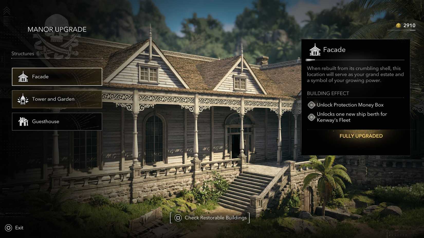 An Assassin's Creed Black Flag Resynced screenshot showing the manor upgrade menu