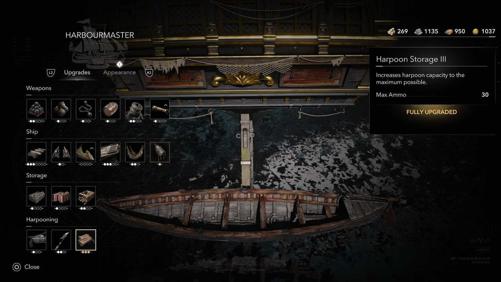 Una captura de pantalla resincronizada de Assassin's Creed Black Flag que muestra el menú Hearbourmaster y la actualización de Harppon Storage III