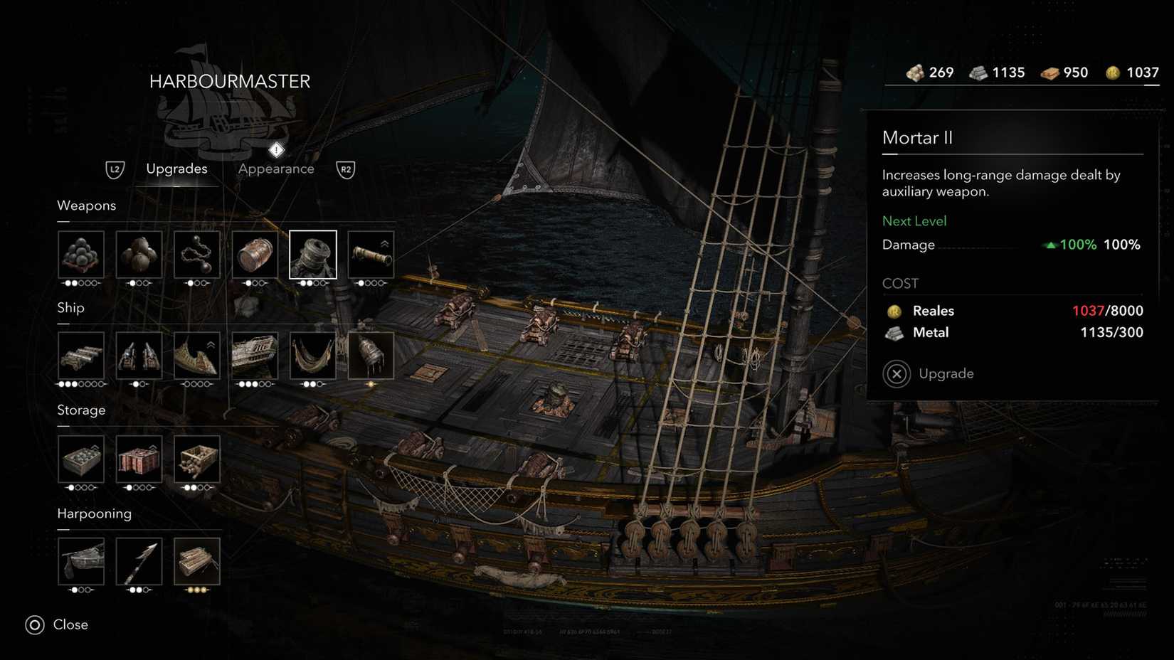 An Assassin's Creed Black Flag Resynced screenshot showing the Hearbourmaster menu and the Mortar upgrade