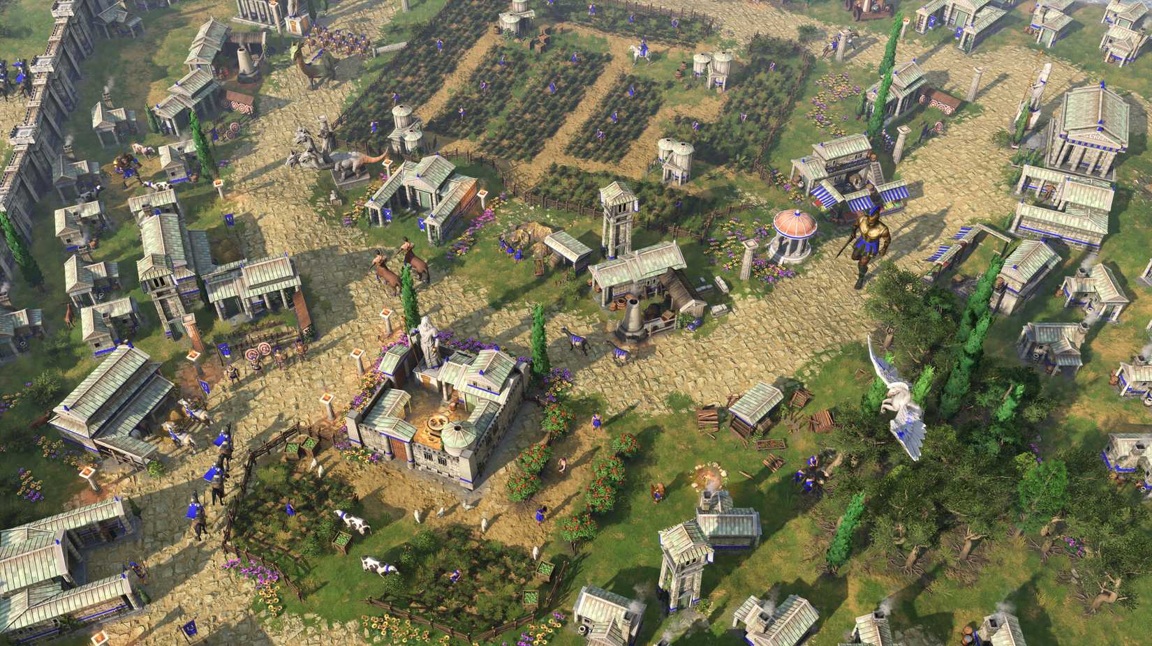 a top down view of a town stuffed with classical Greek buildings