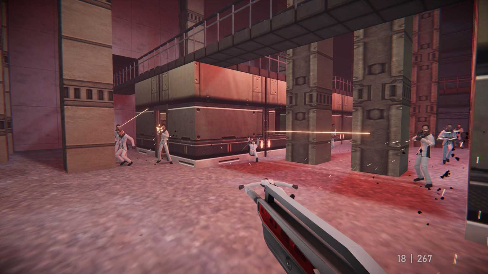 Moving through an industrial outdoor environoment, with enemy agents firing from between stone columns and beneath a cat