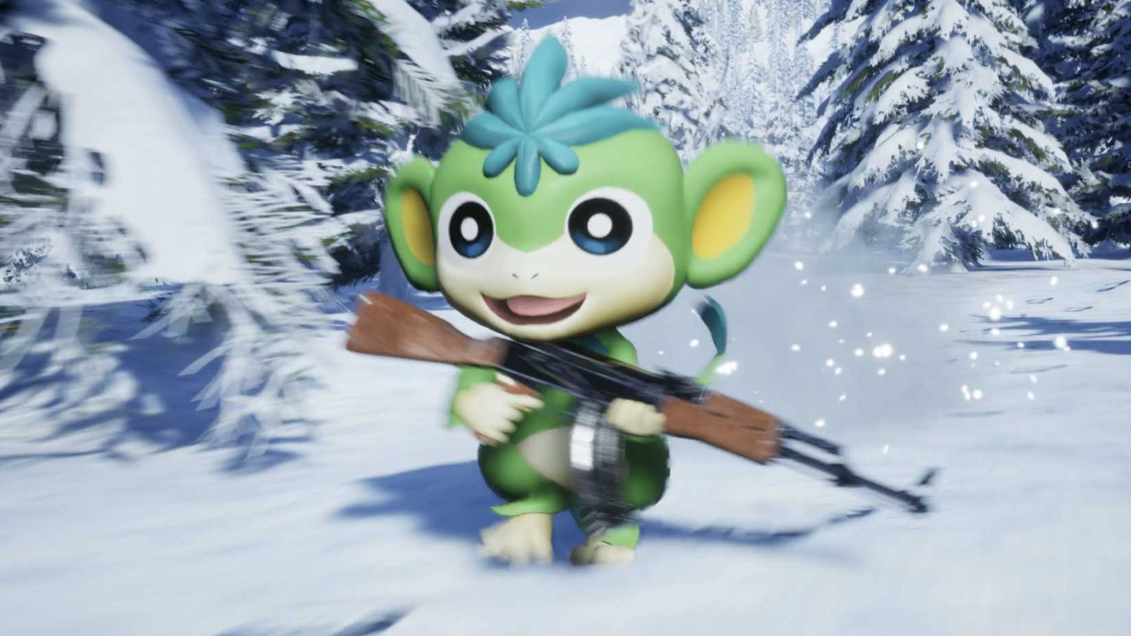 An armed Pal, resembling a small green monkey, in Palworld