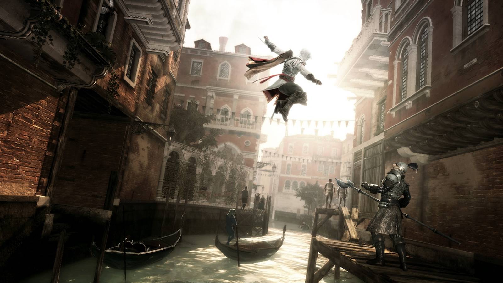 Ezio Auditore de Firenze leaps toward an enemy in Assassin's Creed 2