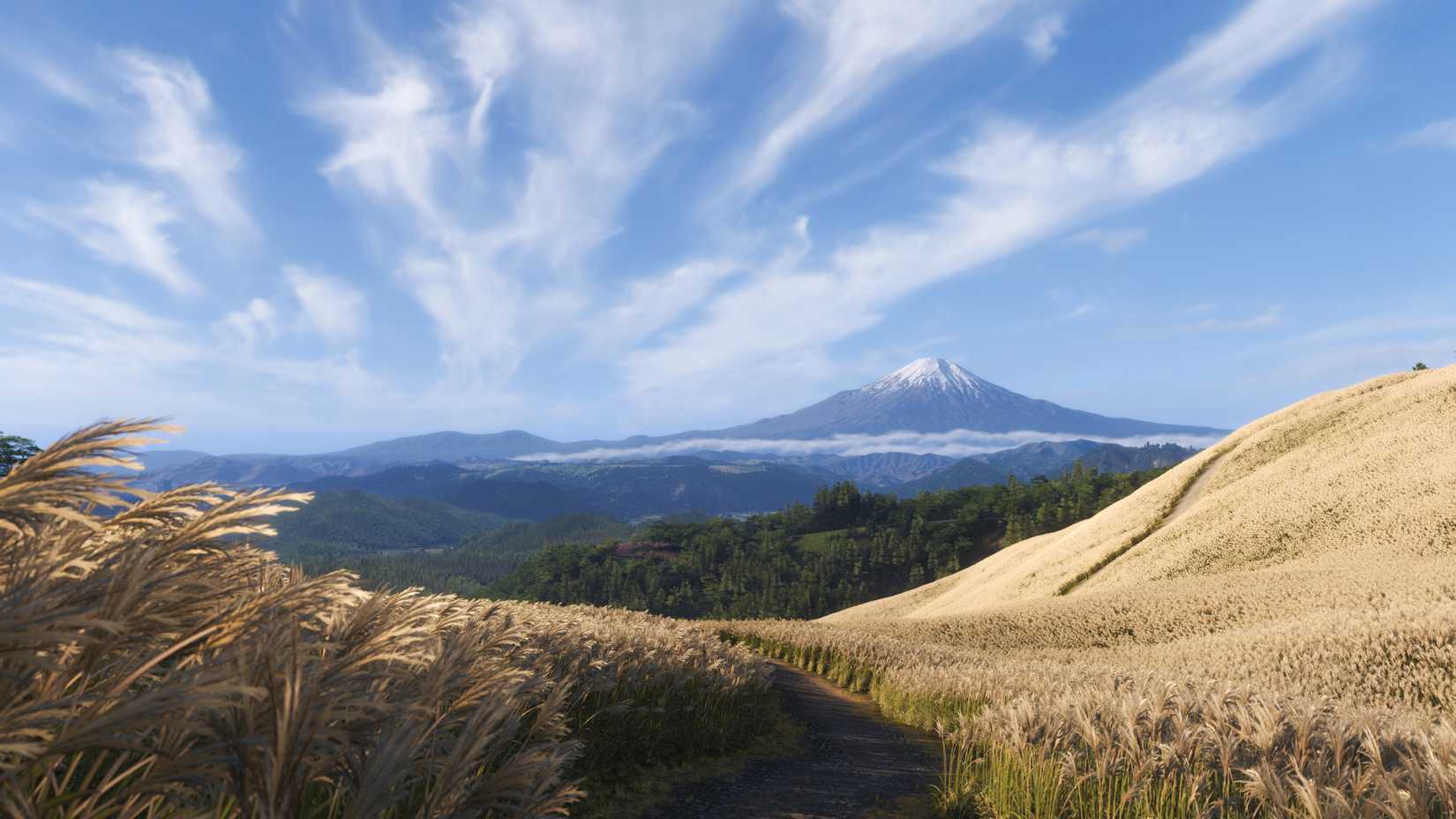 A countryside vista looking voer wheat fields and forest towards Mt Fuji