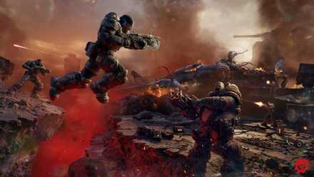 Marcus Fenix jumps at a grub in Gears of War E-Day
