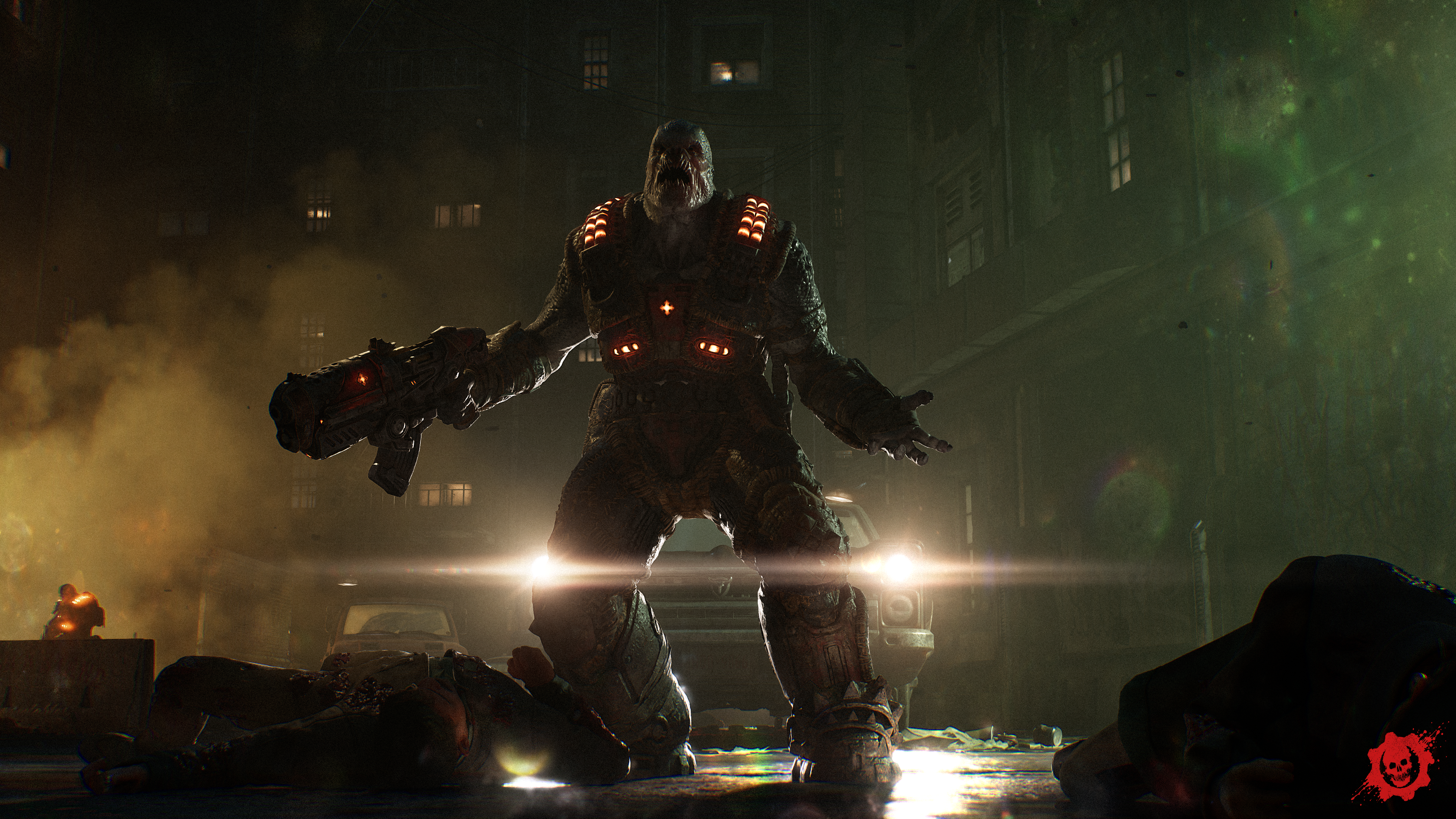 A boomer stands in front of smoke in Gears of War E-Day