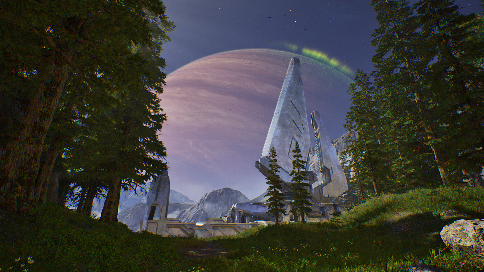 Cool space architecture in a forest against a rising planet
