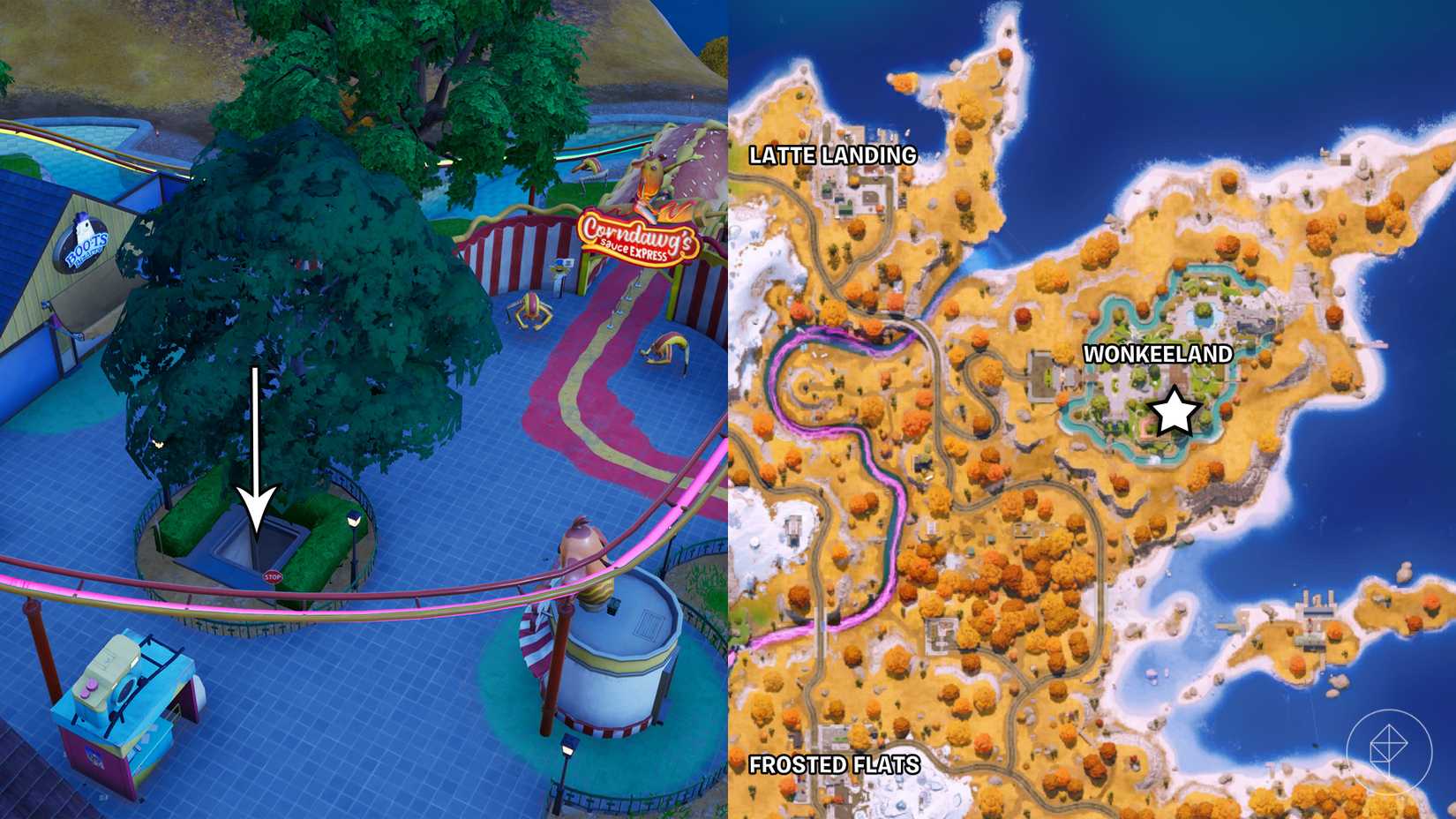 A hole in the ground at an amusement park in Fortnite leading to the Bat Cave