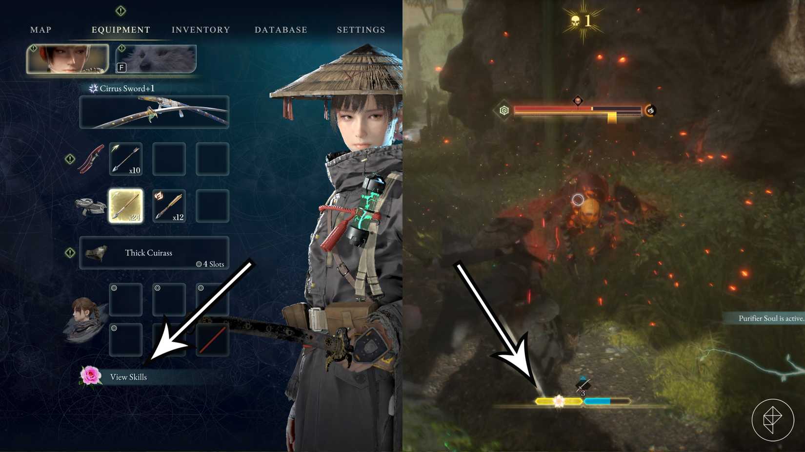 Arrows point to Emma's skills and the entanglement bar in Beast of Reincarnation.