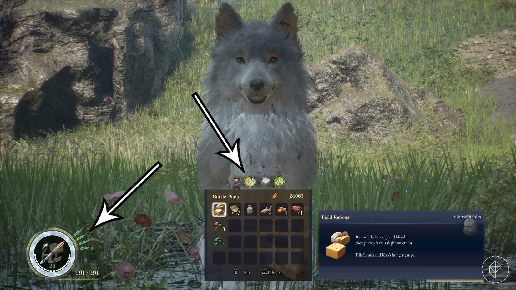 Arrows point to stimpacks and the hunger meter in Beast of Reincarnation.
