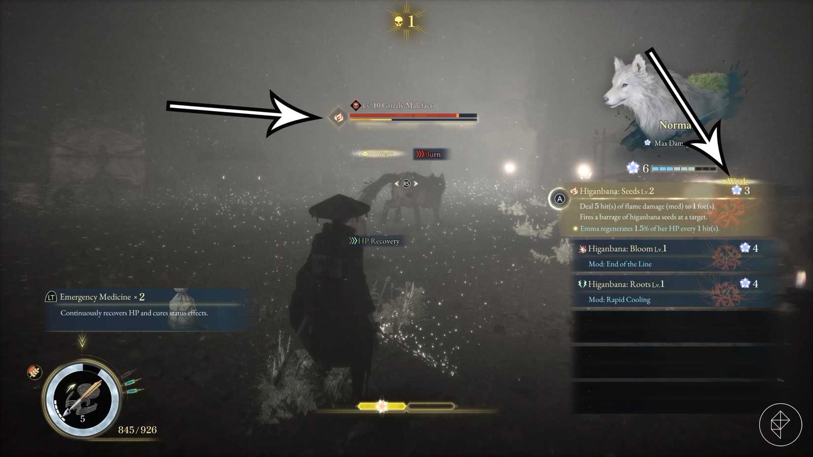 Arrows point to an enemy's elemental weakness in Beast of Reincarnation.
