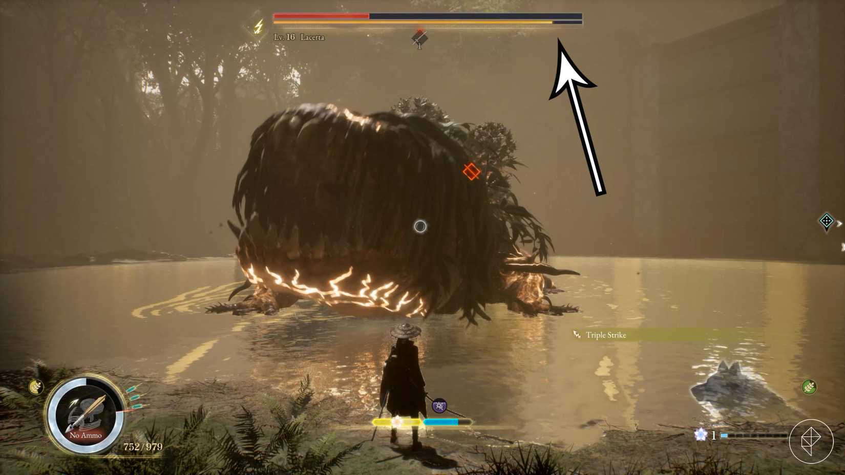 An arrow points to the stagger bar in Beast of Reincarnation.