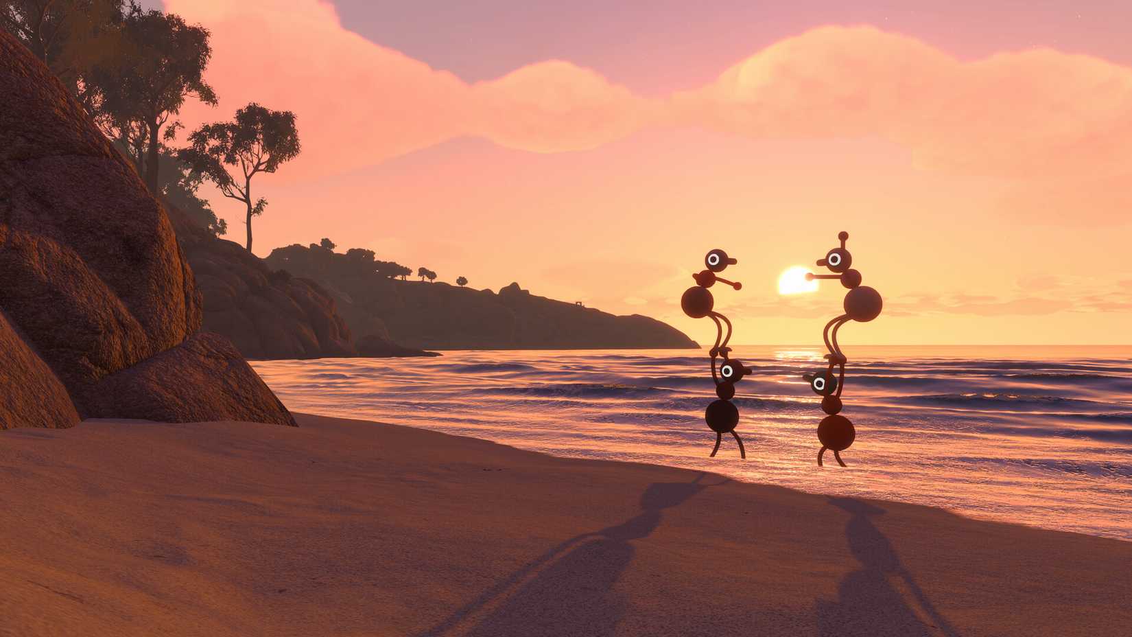 Characters carry one another on a beach in Big Walk.