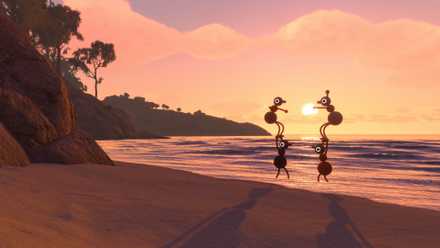Characters carry one another on a beach in Big Walk.