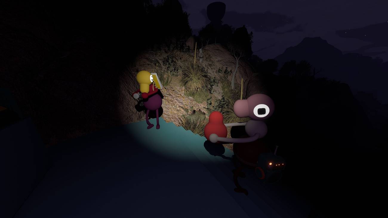 Characters walk through the night in Big Walk.