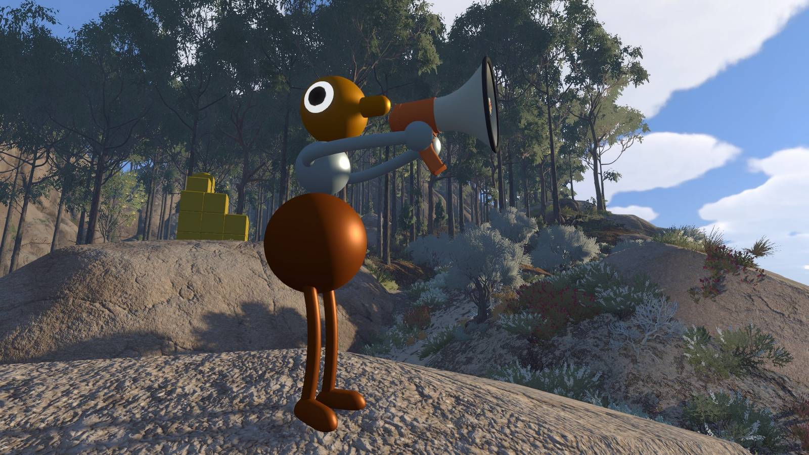A Big Walk creature uses a megaphone in front of a yellow structure.