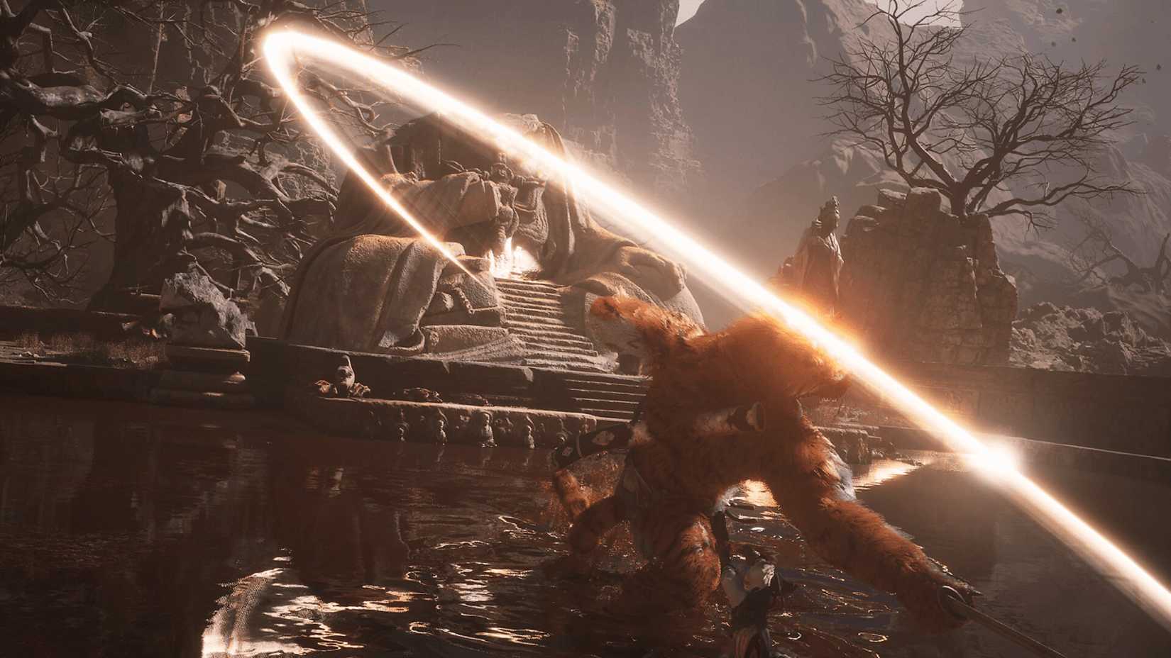 Nhân vật chính vung vũ khí trong Black Myth: Wukong