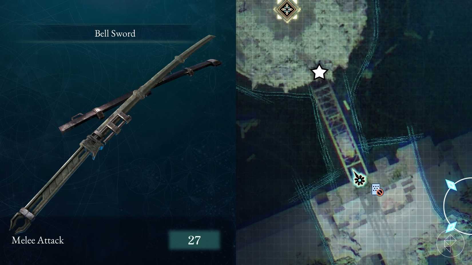 A montage of two Beast of Reincarnation images showing the location of the first merchant that appears selling the Bellsword