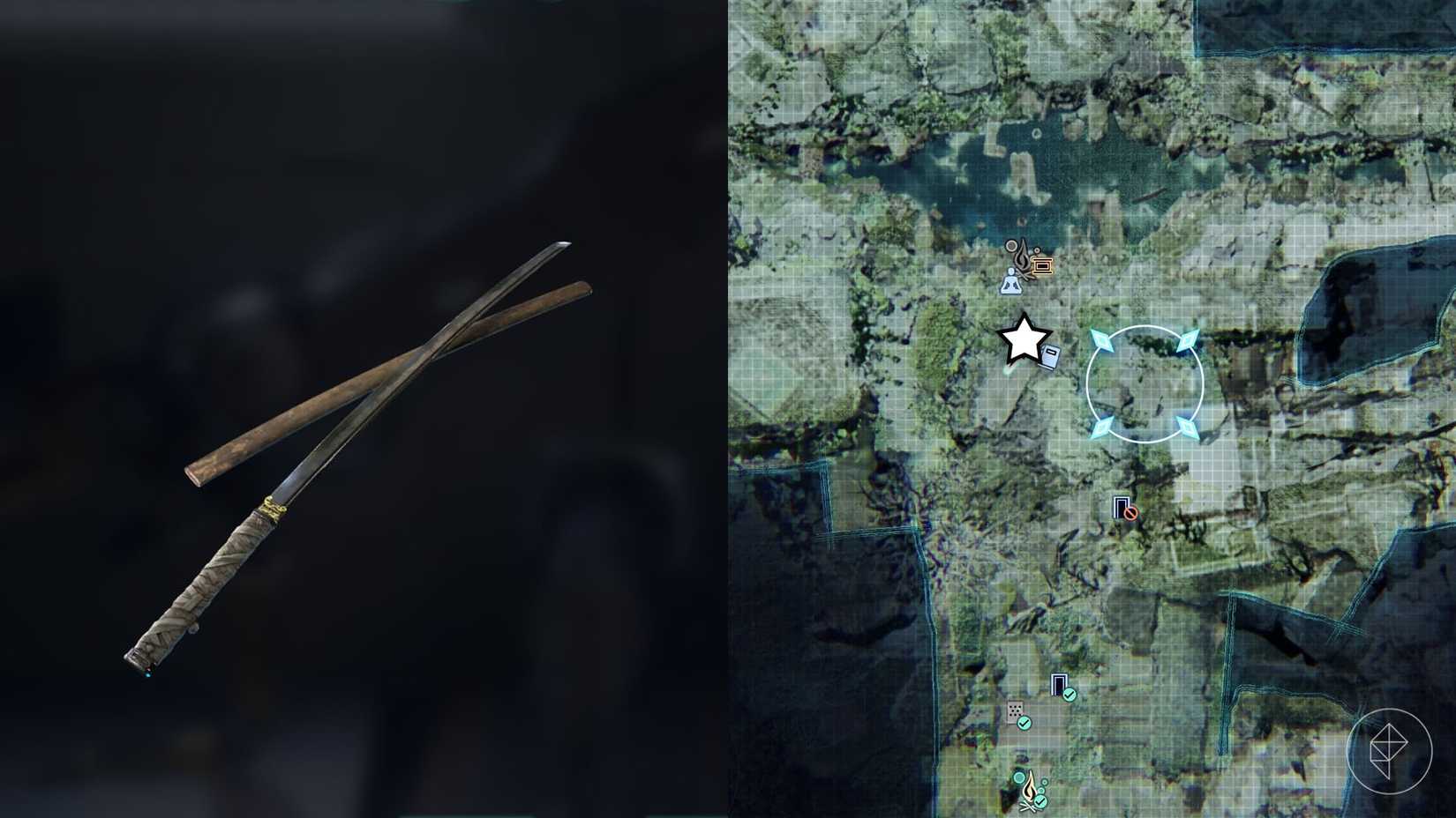 A montage of two Beast of Reincarnation images showing the location of the first vendor the appears selling Purity