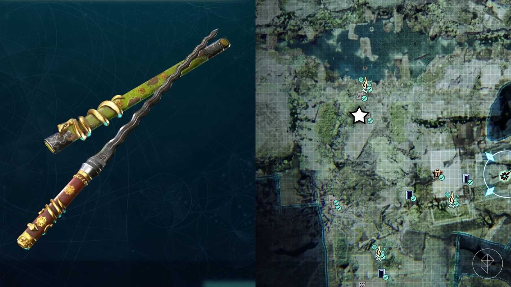 A montage of two Beast of Reincarnation images showing the location of where you obtain the Thunderwave Sword