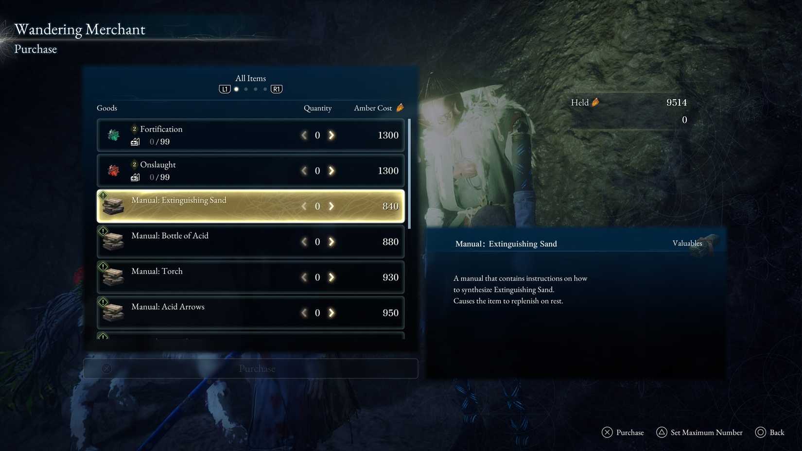 A Beast of Reincarnation screenshot showing a wandering merchant's shop menu