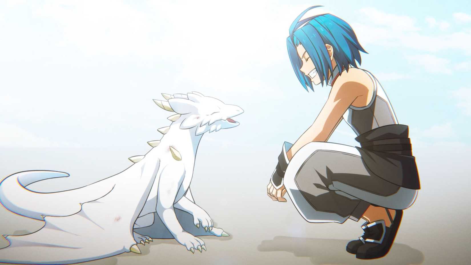 A Brigandine Abyss official screenshot showing a blue-haired boy smiling at a small white dragon