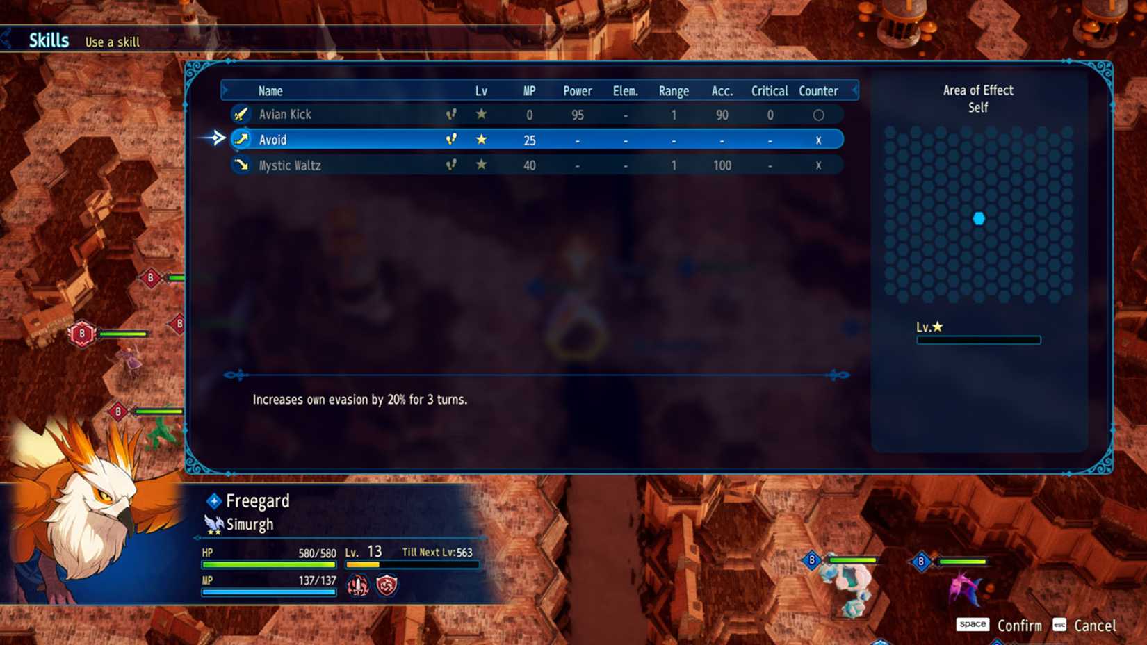 A Brigandine Abyss screenshot showing the skills menu 