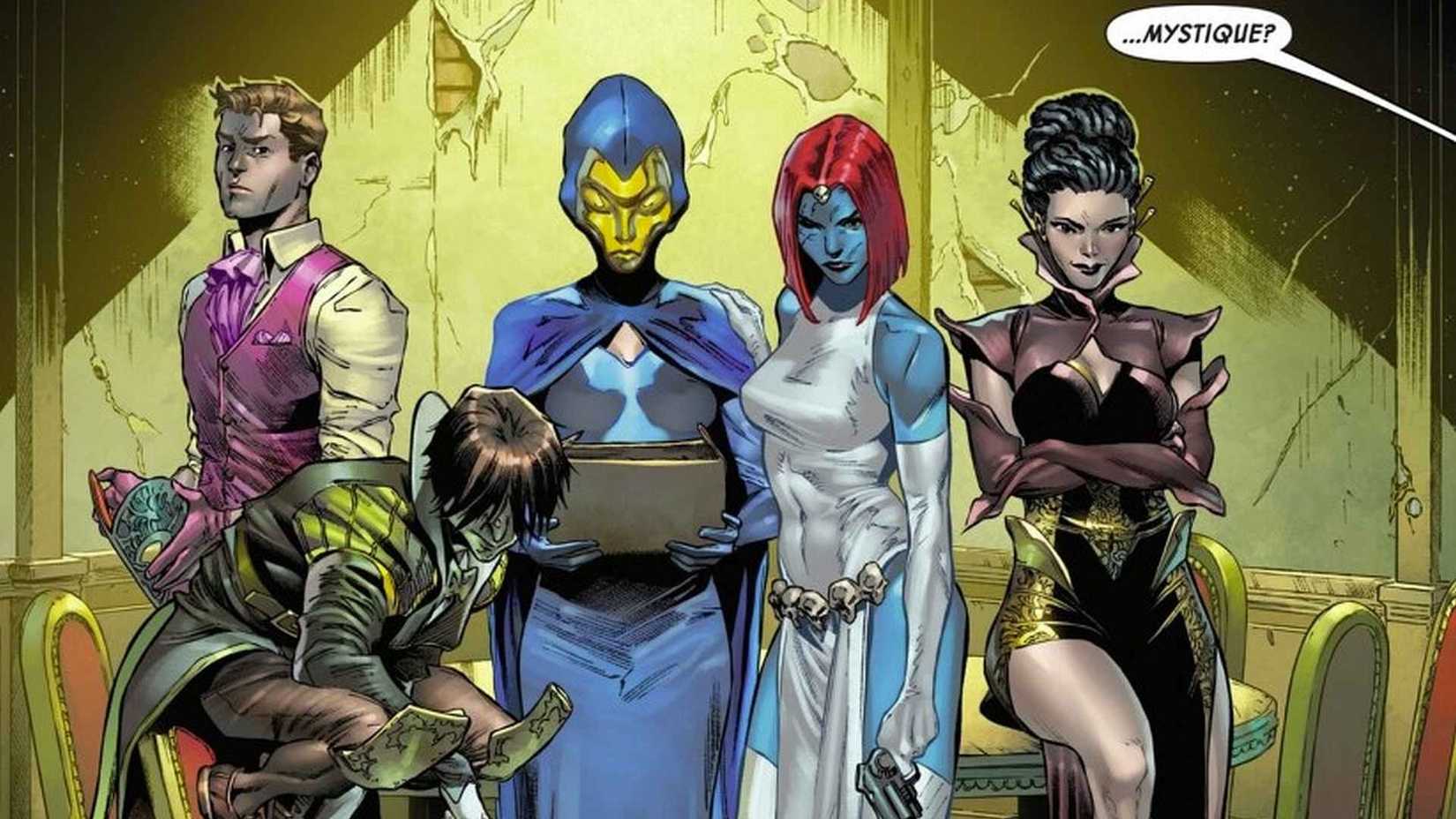 Empath, Toad, Destiny, Mystique, and Materminda standing next to each other