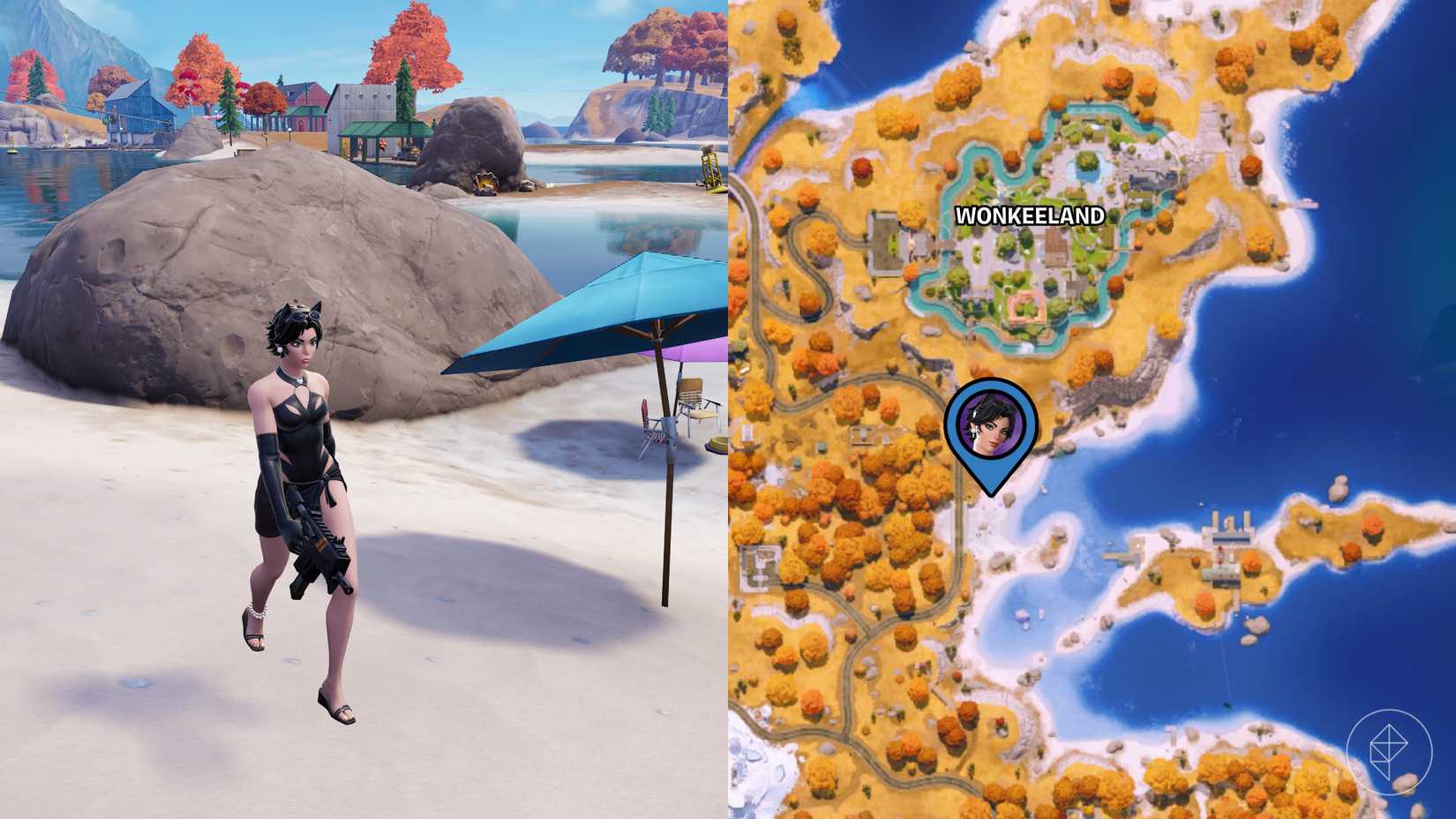 Catwoman đang đi bộ trên bãi biển bên cạnh một chiếc ô trong Fortnite
