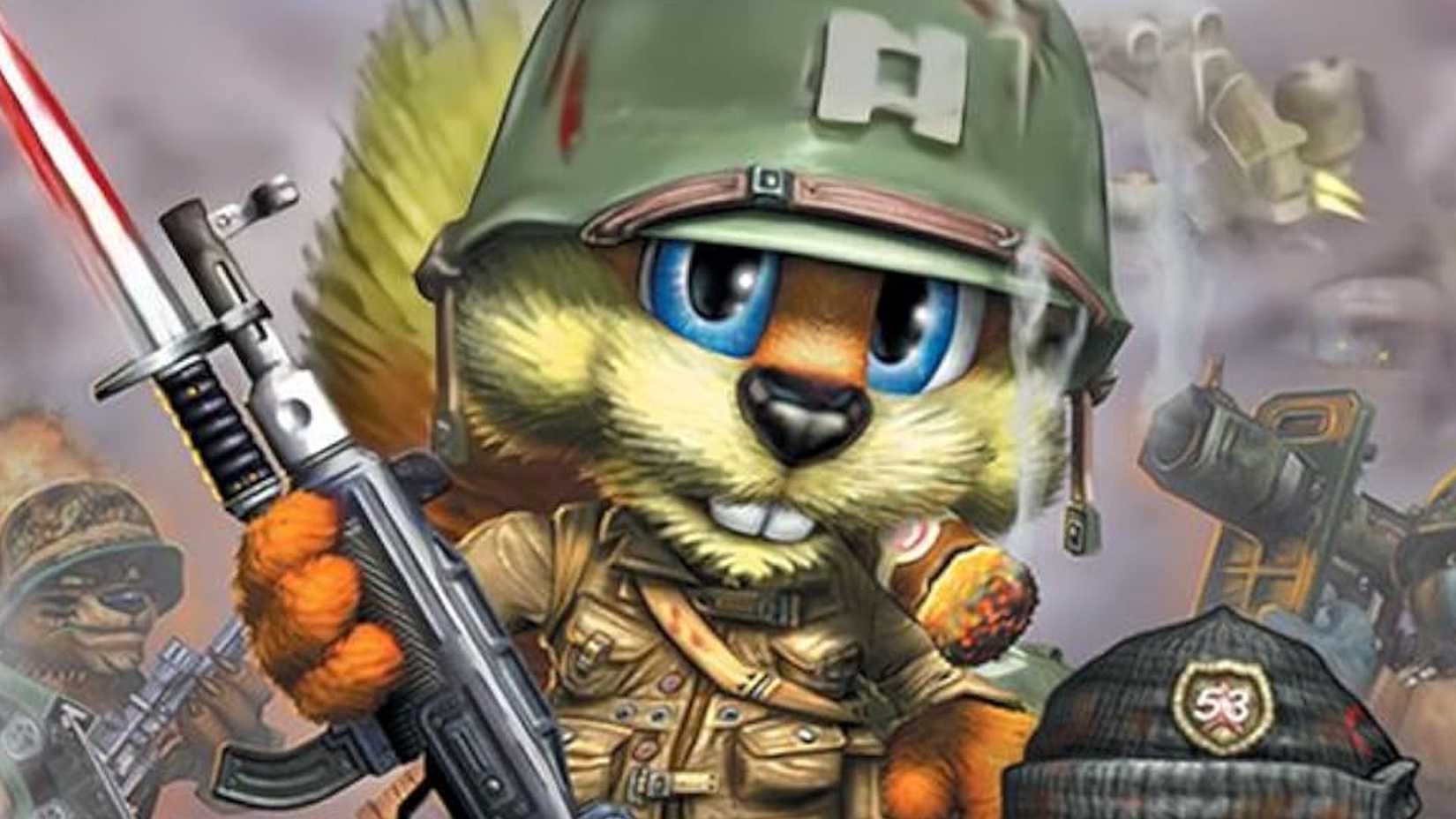 La obra de arte de Conker: la portada de Live and Reloaded muestra a Conker con ropa militar y sosteniendo un rifle.
