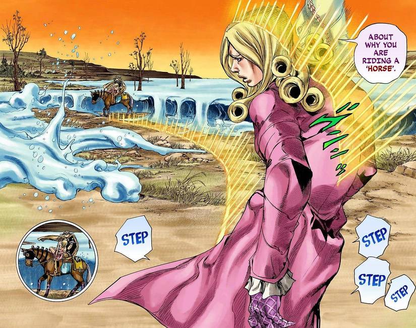 Funny Valentine observes Gyro Zeppeli and uses his Love Train in Steel Ball Run