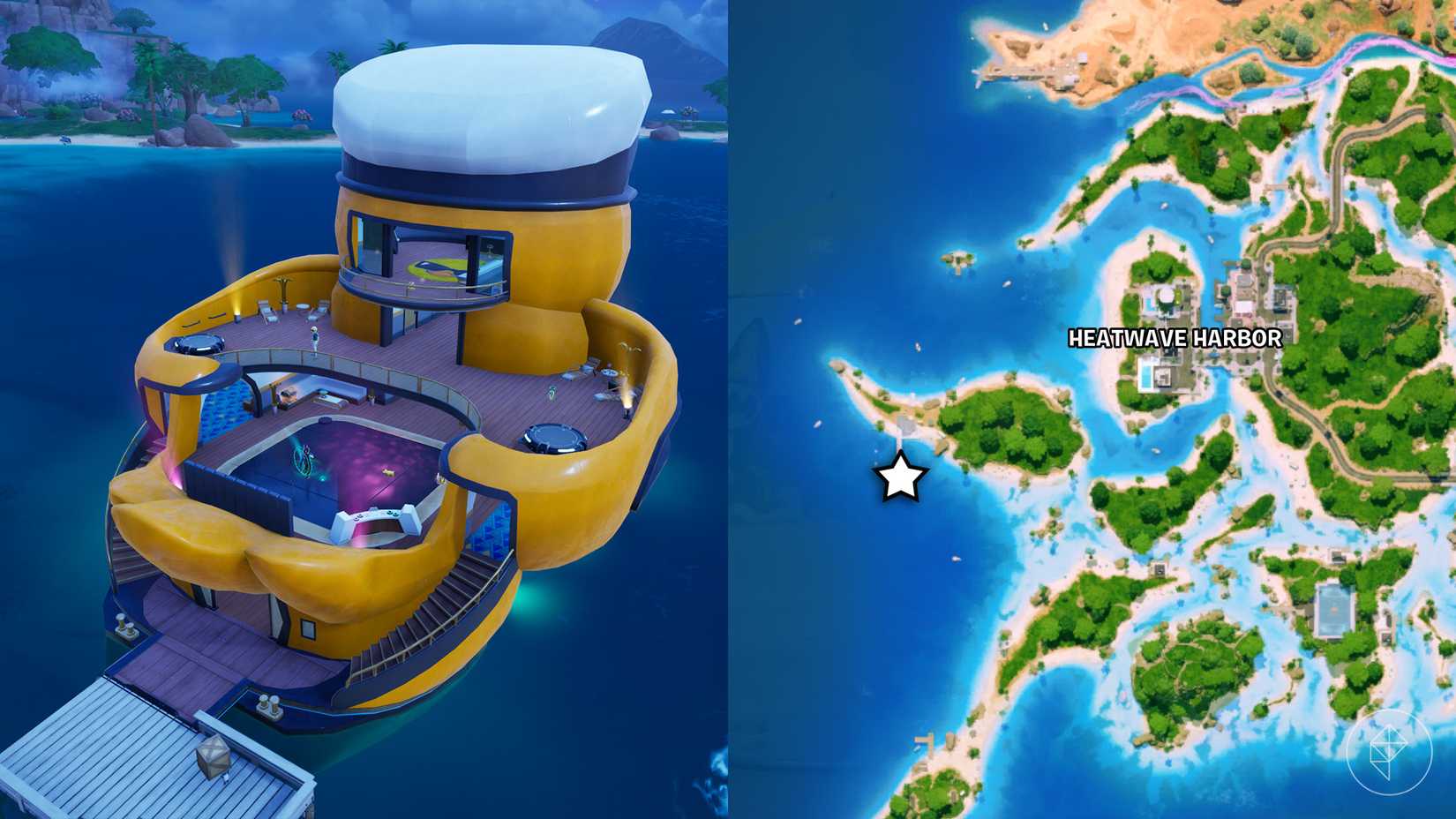 A yacht shaped like a duck in Fortnite and its location marked on the map