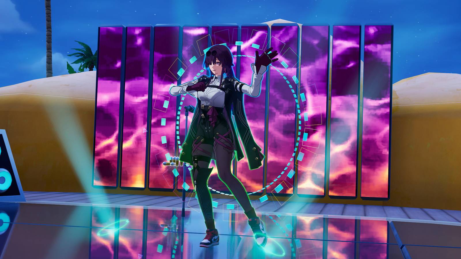 Kafka from Honkai: Star Rail dancing on a dance floor in Fortnite Chapter 7 Season 3