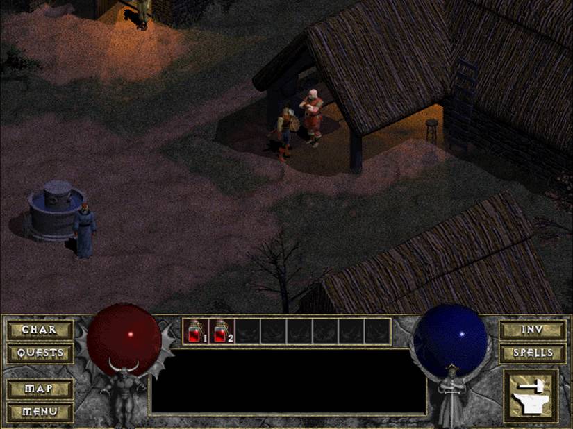 A screenshot of the original Diablo game in a medeival village