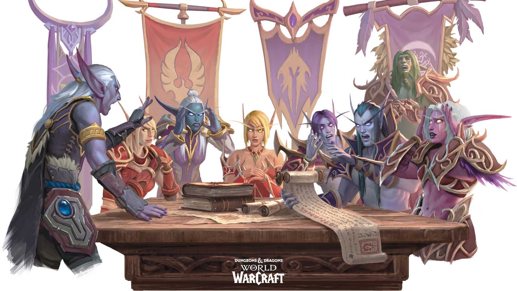 Nhiều loại yêu tinh khác nhau ngồi quanh bàn tranh luận về các cuộn giấy trong tranh vẽ từ Dungeons & Dragons: World of Warcraft