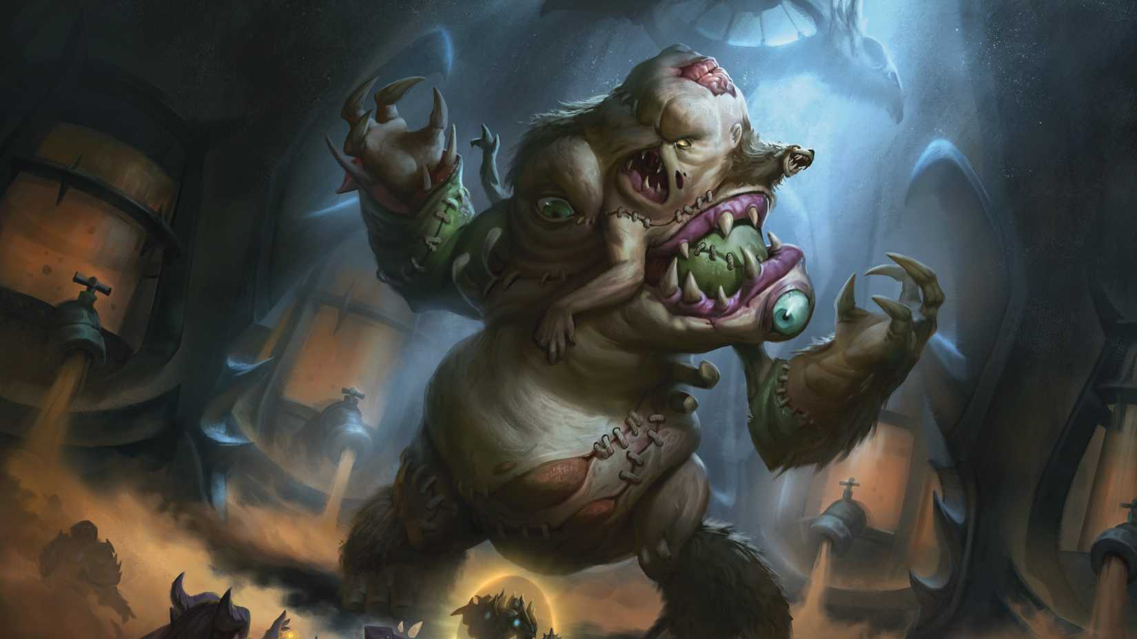 Một thực thể abomination cao lớn đứng trên các anh hùng trong tranh vẽ từ Dungeons & Dragons World of Warcraft