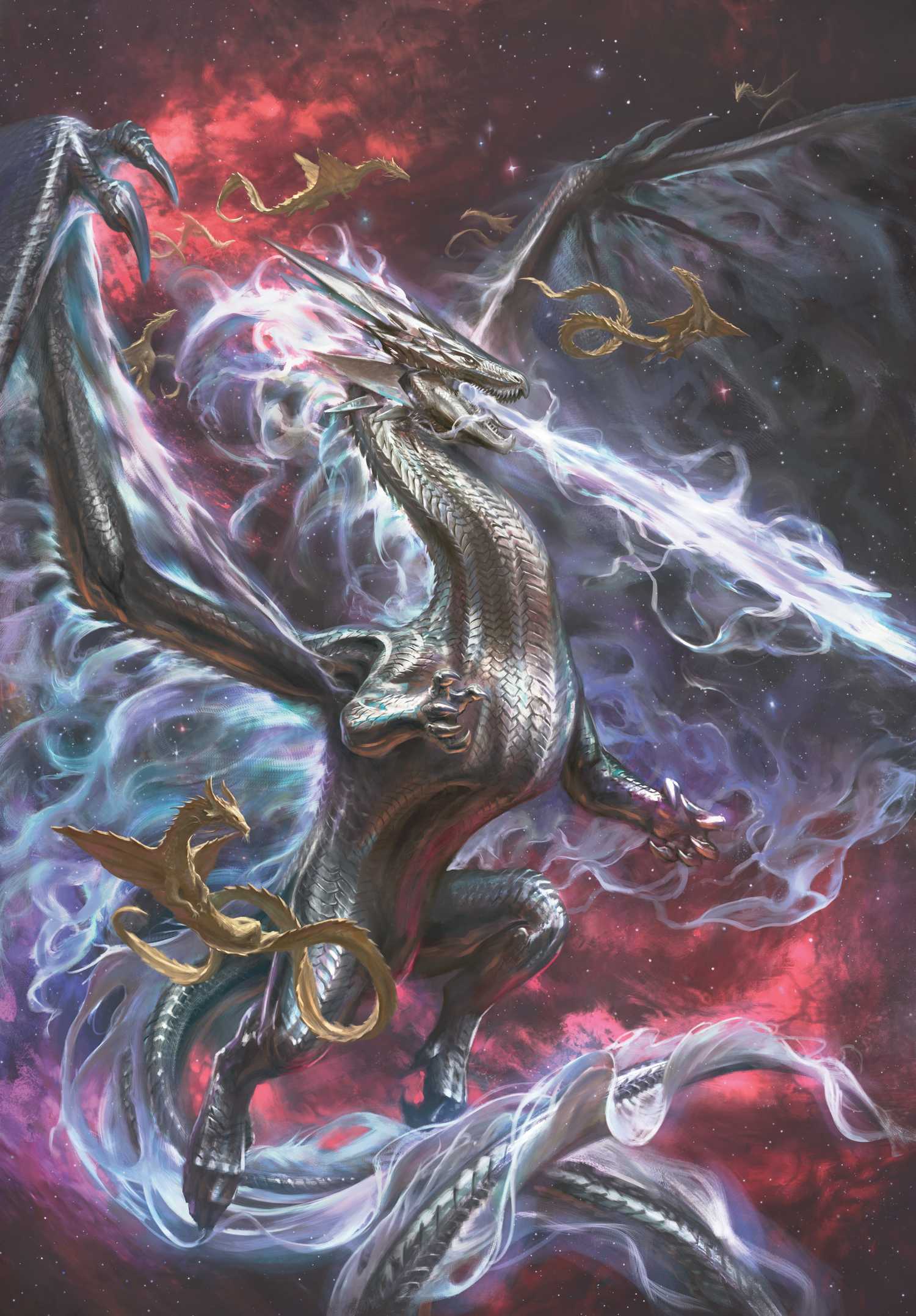 The platinum dragon Bahumut unleashes his breath weapon and has his wings spread against a starry background as gold dra