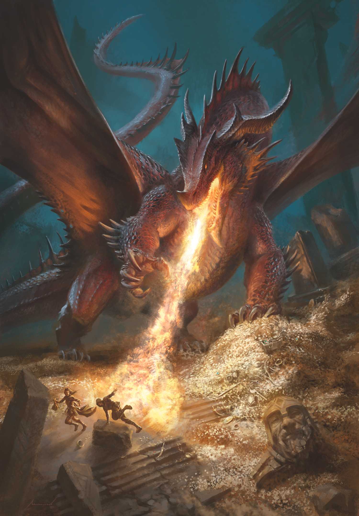 A red dragon standing on its horde of treasure breathes fire as adventurers scatter in the cover art for the Dungeons &a