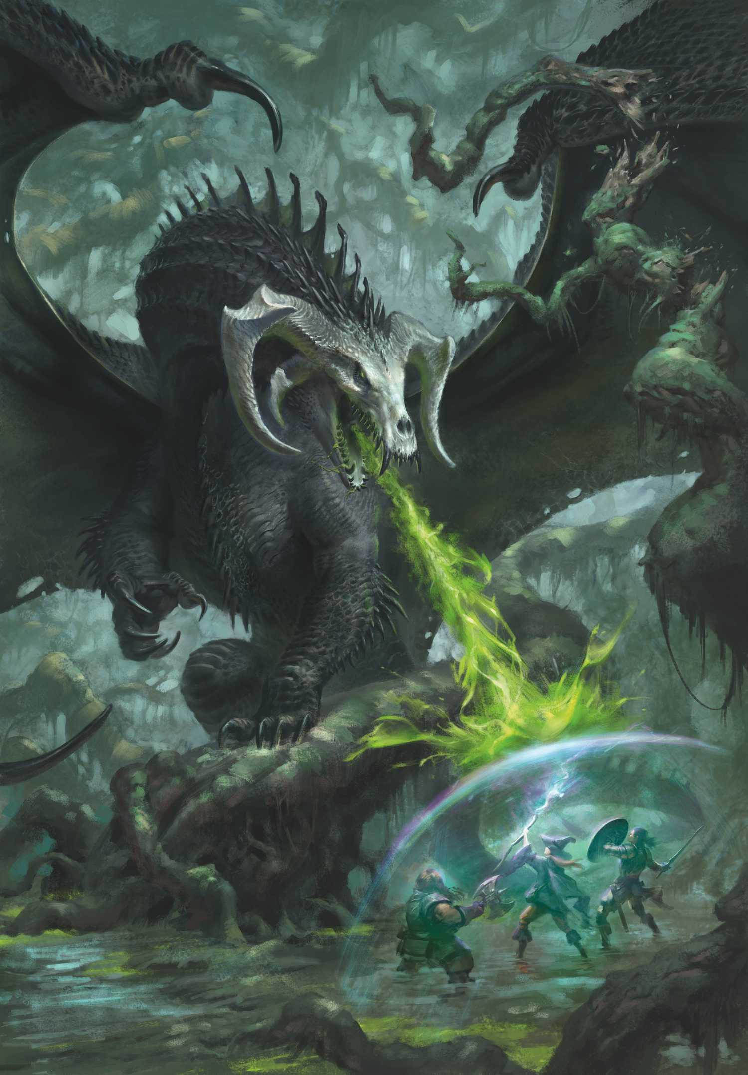 A black dragon breathes acid on three adventurers protected by a magical bubble on the cover of the Dungeons & Drago