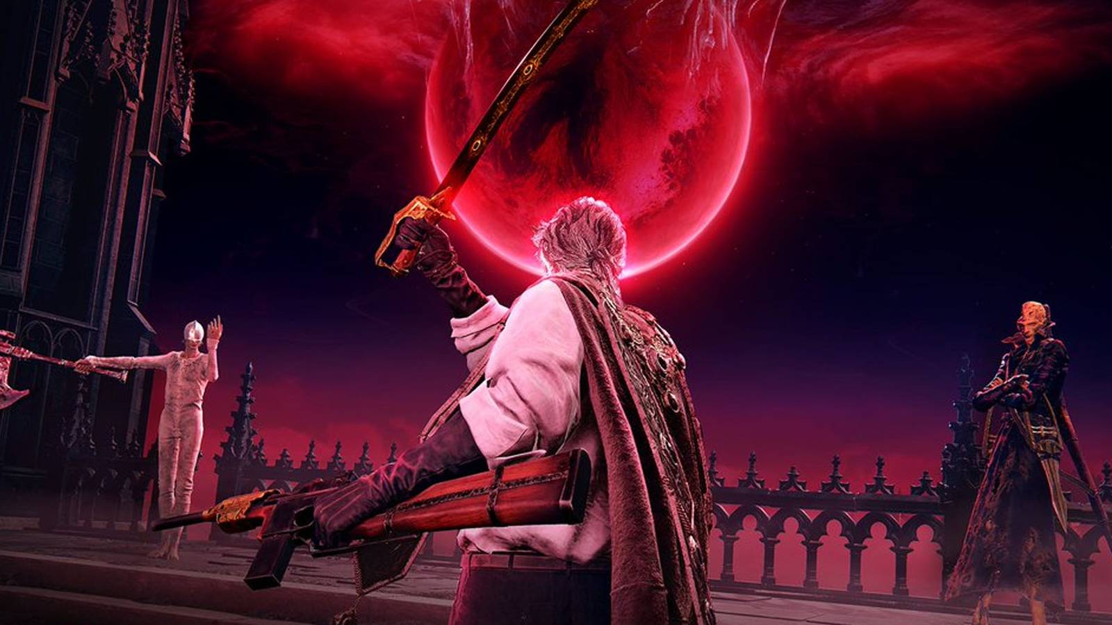 A Duskbloods official image showing three characters and a red moon in the background