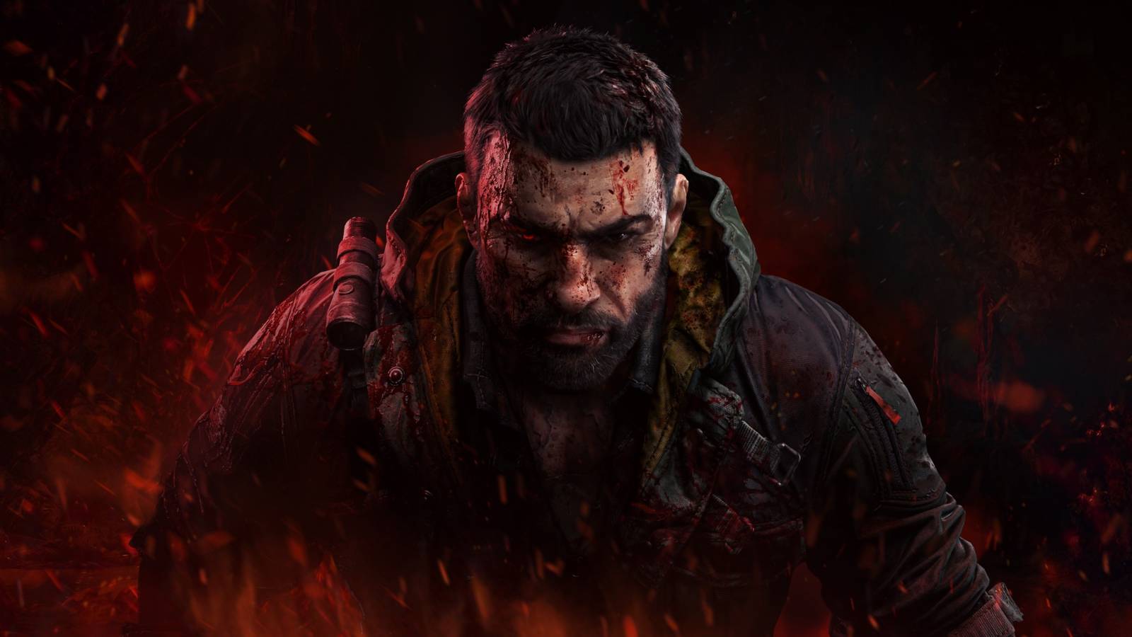 A man covered in blood with one gleaming red eye.