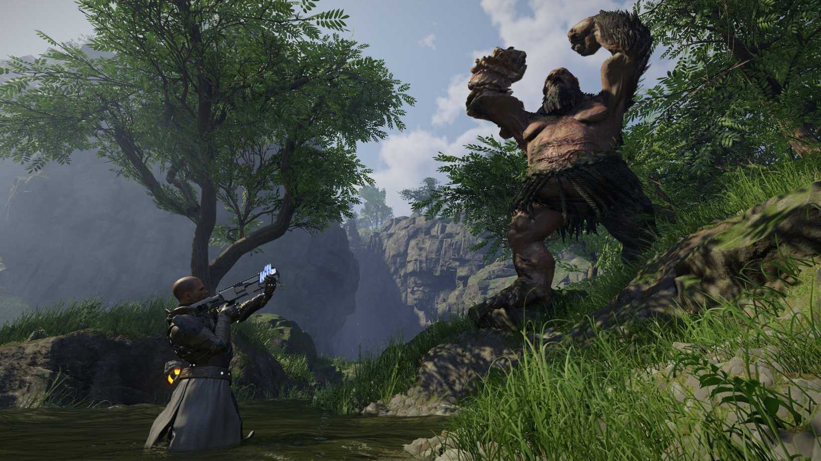 A hero stands waist-deep in water, facing off against a rock monster that stands on a grassy hill nearby.