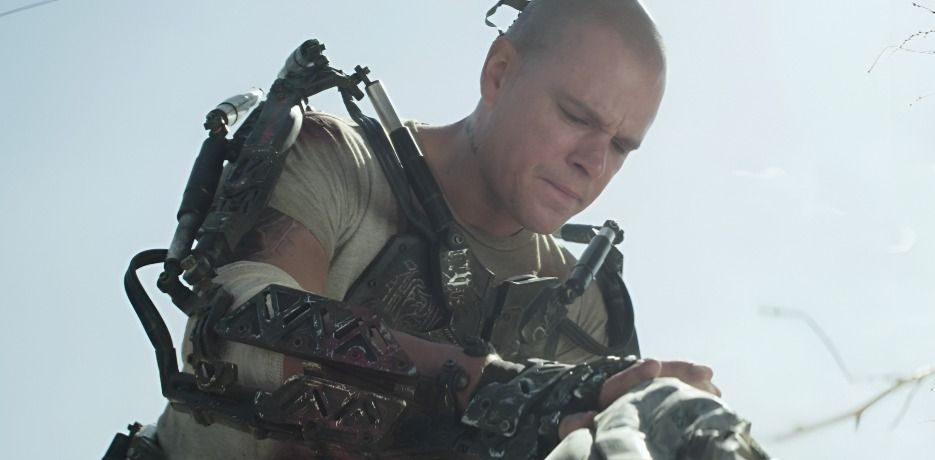 Matt Damon's Max struggles with his new exoskeleton in Elysium