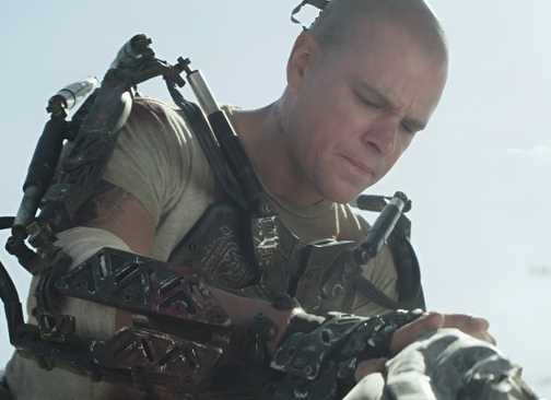 Matt Damon's Max struggles with his new exoskeleton in Elysium