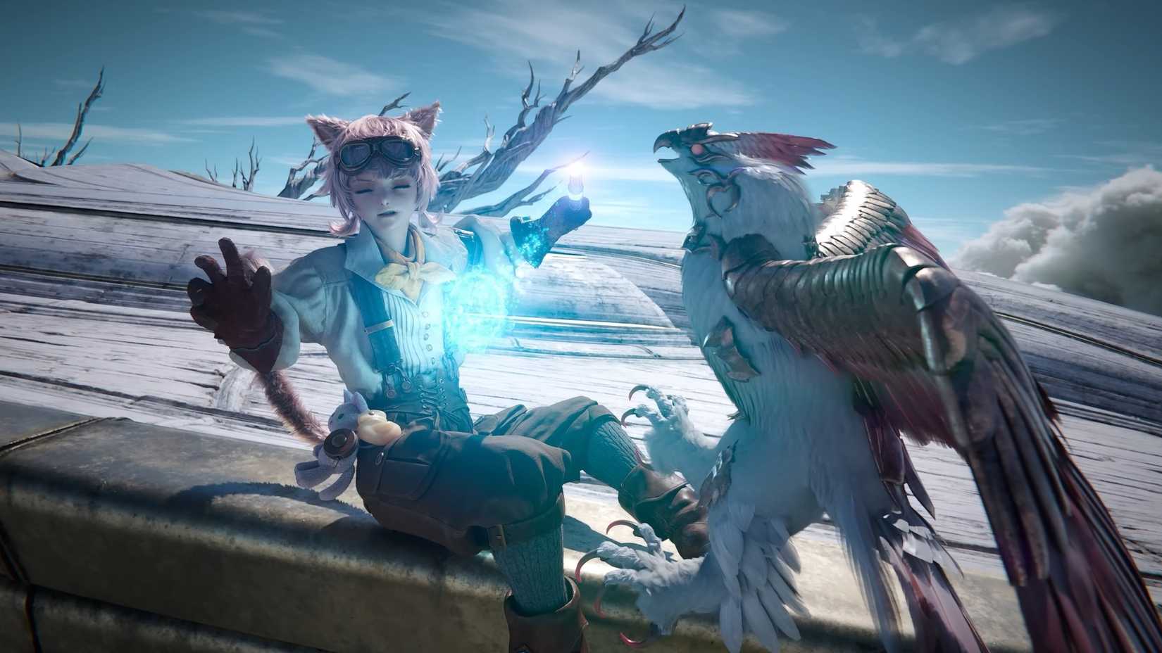 FF14 Evercold still of a big bird and a miqote