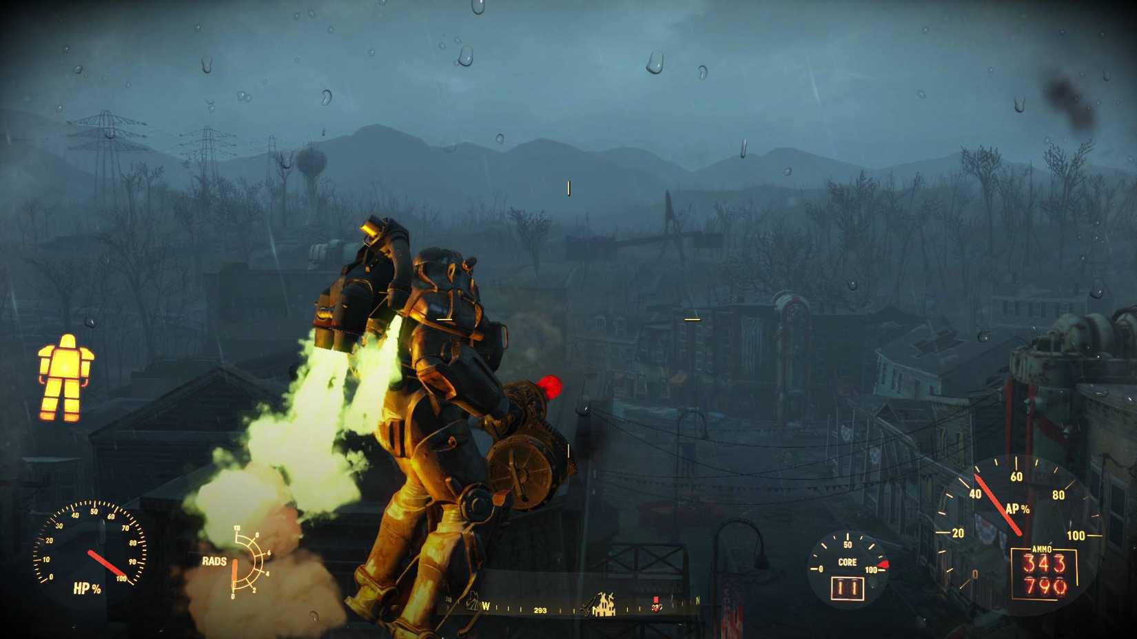 The player wearing power armor during the When Freedom Calls quest in Fallout 4, flying through the air using the jetpac