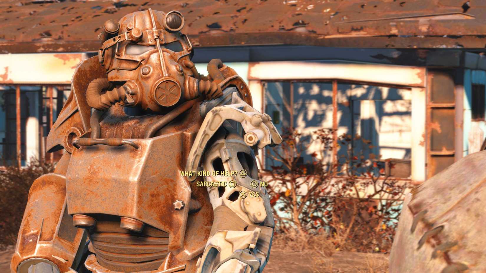 Dressed in power armor, the Fallout 4 protagonist considers dialog options
