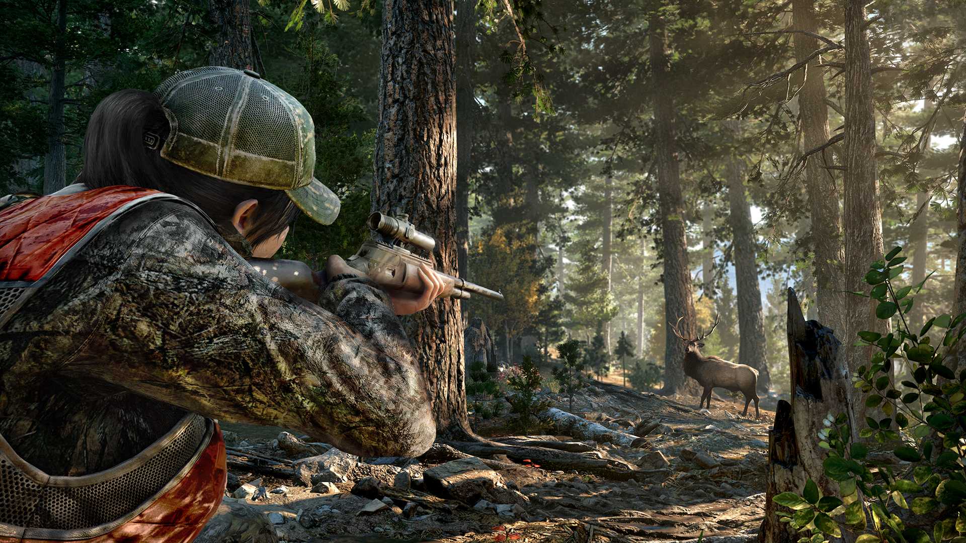 Far cry character shooting deer in forest